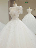 Niulatu Ball Gown Square Neckline Short Sleeves Sequin White Wedding Dresses Brides Dress SD1949