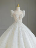 Niulatu Ball Gown Square Neckline Short Sleeves Sequin White Wedding Dresses Brides Dress SD1949