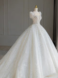 Niulatu Ball Gown Square Neckline Short Sleeves Sequin White Wedding Dresses Brides Dress SD1949