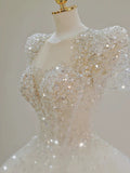 Niulatu Ball Gown Square Neckline Short Sleeves Sequin White Wedding Dresses Brides Dress SD1949