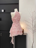 Niulatu A Line Halter Ruffled Pink Floral Short Women's Holiday Dresses SD194
