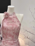 Niulatu A Line Halter Ruffled Pink Floral Short Women's Holiday Dresses SD194
