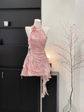 Niulatu A Line Halter Ruffled Pink Floral Short Women's Holiday Dresses SD194