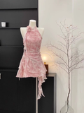 Niulatu A Line Halter Ruffled Pink Floral Short Women's Holiday Dresses SD194
