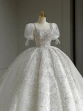 Niulatu Ball Gown Square Neckline Short Sleeves Sequin White Wedding Dresses Brides Dress SD1950