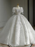 Niulatu Ball Gown Square Neckline Short Sleeves Sequin White Wedding Dresses Brides Dress SD1950