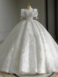 Niulatu Ball Gown Square Neckline Short Sleeves Sequin White Wedding Dresses Brides Dress SD1950