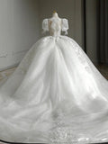 Niulatu Ball Gown Square Neckline Short Sleeves Sequin White Wedding Dresses Brides Dress SD1950