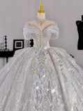 Niulatu Ball Gown Off The Shoulder Short Sleeves Sequin White Wedding Dresses Brides Dress SD1955