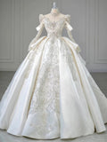 Niulatu Ball Gown High Neckline Long Sleeves Sequin White Wedding Dresses Brides Dress SD1956