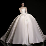 Niulatu Ball Gown Strapless Sleeveless Satin White Wedding Dresses Brides Dress SD1959