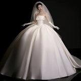 Niulatu Ball Gown Strapless Sleeveless Satin White Wedding Dresses Brides Dress SD1959