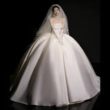 Niulatu Ball Gown Strapless Sleeveless Satin White Wedding Dresses Brides Dress SD1959