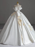 Niulatu Ball Gown Strapless Sleeveless Satin White Wedding Dresses Brides Dress With Bow SD1960