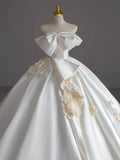 Niulatu Ball Gown Strapless Sleeveless Satin White Wedding Dresses Brides Dress With Bow SD1960