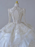 Niulatu Ball Gown Scoop Long Sleeves Lace White Wedding Dresses Brides Dress SD1961