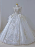 Niulatu Ball Gown Scoop Long Sleeves Lace White Wedding Dresses Brides Dress SD1961