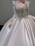Niulatu Ball Gown Square Neckline Long Sleeves Sequin White Wedding Dresses Brides Dress SD1962