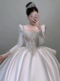Niulatu Ball Gown Square Neckline Long Sleeves Sequin White Wedding Dresses Brides Dress SD1962