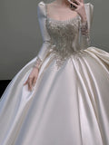 Niulatu Ball Gown Square Neckline Long Sleeves Sequin White Wedding Dresses Brides Dress SD1962