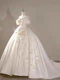 Niulatu Ball Gown Off The Shoulder Short Sleeves Satin White Wedding Dresses Brides Dress SD1965