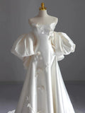 Niulatu Ball Gown Strapless Short Sleeves Satin White Wedding Dresses Brides Dress SD1967