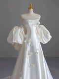 Niulatu Ball Gown Strapless Short Sleeves Satin White Wedding Dresses Brides Dress SD1967