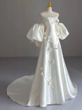 Niulatu Ball Gown Strapless Short Sleeves Satin White Wedding Dresses Brides Dress SD1967