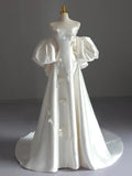 Niulatu Ball Gown Strapless Short Sleeves Satin White Wedding Dresses Brides Dress SD1967