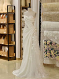 Niulatu A line One Shoulder Lace Satin White Wedding Dresses Brides Dress SD1976