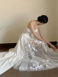 Niulatu A line One Shoulder Lace Satin White Wedding Dresses Brides Dress SD1976