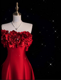 Niulatu A line Strapless Satin Long Red Prom Dress Evening Dress Formal Dress SD1978