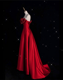 Niulatu A line Strapless Satin Long Red Prom Dress Evening Dress Formal Dress SD1978