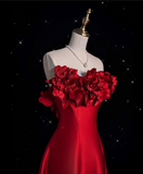 Niulatu A line Strapless Satin Long Red Prom Dress Evening Dress Formal Dress SD1978