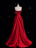 Niulatu A line Strapless Satin Long Red Prom Dress Evening Dress Formal Dress SD1978