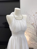 Niulatu A Line Halter Ruffled White Short Women's Holiday Dresses Birthday Outfits With Beads SD198