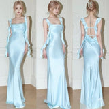Niulatu Spaghetti strap Floor-length Sleeveless Light Sky Blue Prom Dresses SD1998