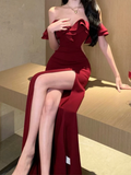 Niulatu Off The Shoulder Floor-length Burgundy Satin Slit Prom Dresses SD2005