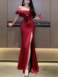 Niulatu Off The Shoulder Floor-length Burgundy Satin Slit Prom Dresses SD2005