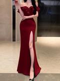 Niulatu Off The Shoulder Floor-length Burgundy Satin Slit Prom Dresses SD2005