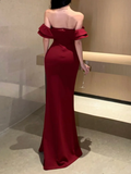 Niulatu Off The Shoulder Floor-length Burgundy Satin Slit Prom Dresses SD2005