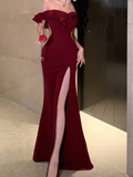 Niulatu Off The Shoulder Floor-length Burgundy Satin Slit Prom Dresses SD2005