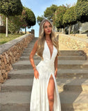 Niulatu V Neckline Floor-length Sleeveless White Long Prom Dresses SD2006