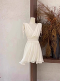 Niulatu A Line V Neckline Ruffled White Women's Short Holiday Dresses Birthday Dress SD200
