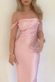Niulatu Off The Shoulder Floor-length Satin Pink Evening Dress Prom Dresses SD2013