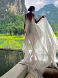 Niulatu A line V Neckline White Chiffon Long Party Dresses Prom Dress SD2025