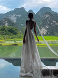 Niulatu A line V Neckline White Chiffon Long Party Dresses Prom Dress SD2025
