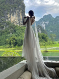 Niulatu A line V Neckline White Chiffon Long Party Dresses Prom Dress SD2025