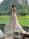 Niulatu A line V Neckline White Chiffon Long Party Dresses Prom Dress SD2025