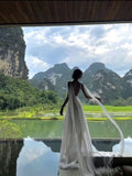 Niulatu A line V Neckline White Chiffon Long Party Dresses Prom Dress SD2025